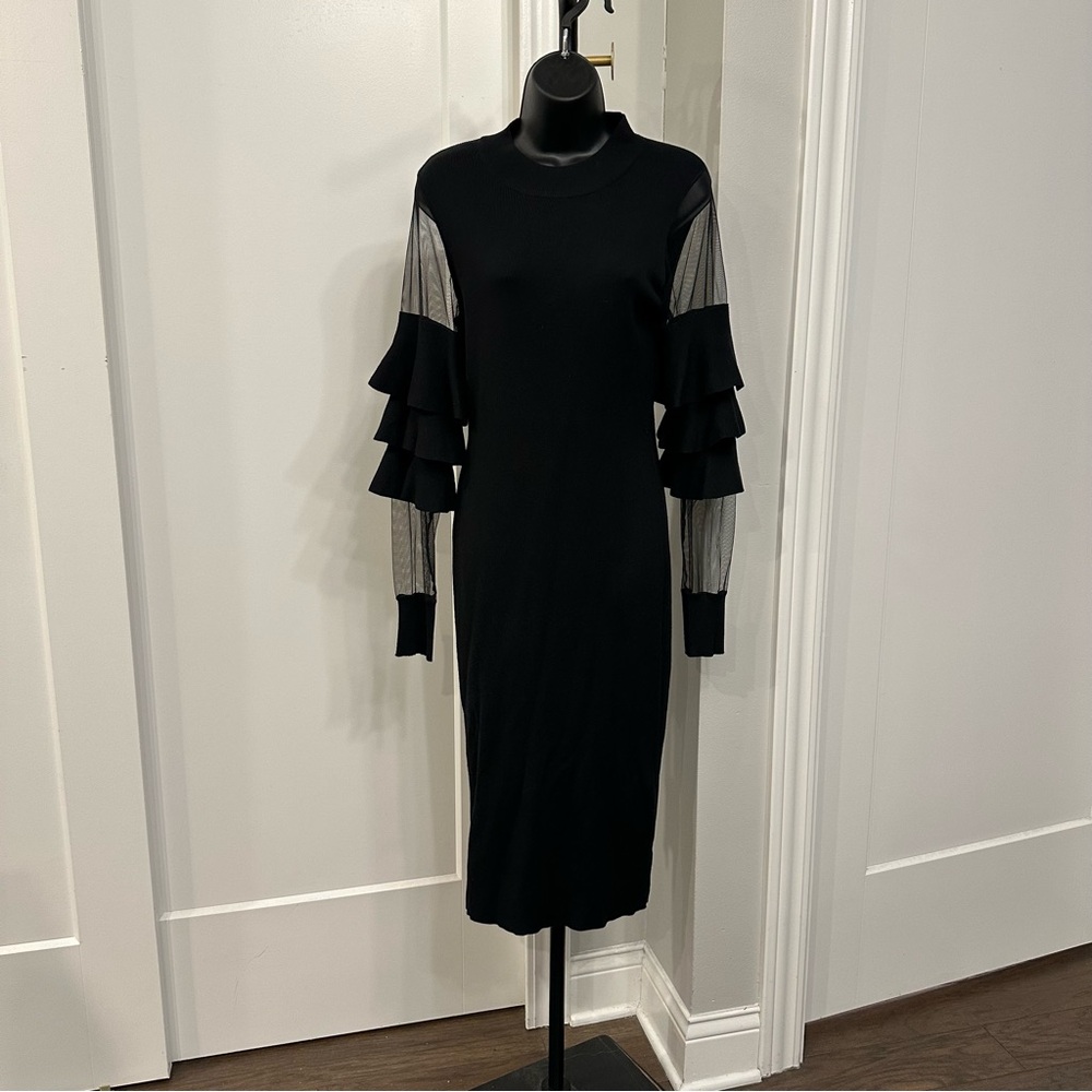 FashionNova CqByCq Elegant Black Ruffle Peek-a-Boo Sleeve Dress - Large